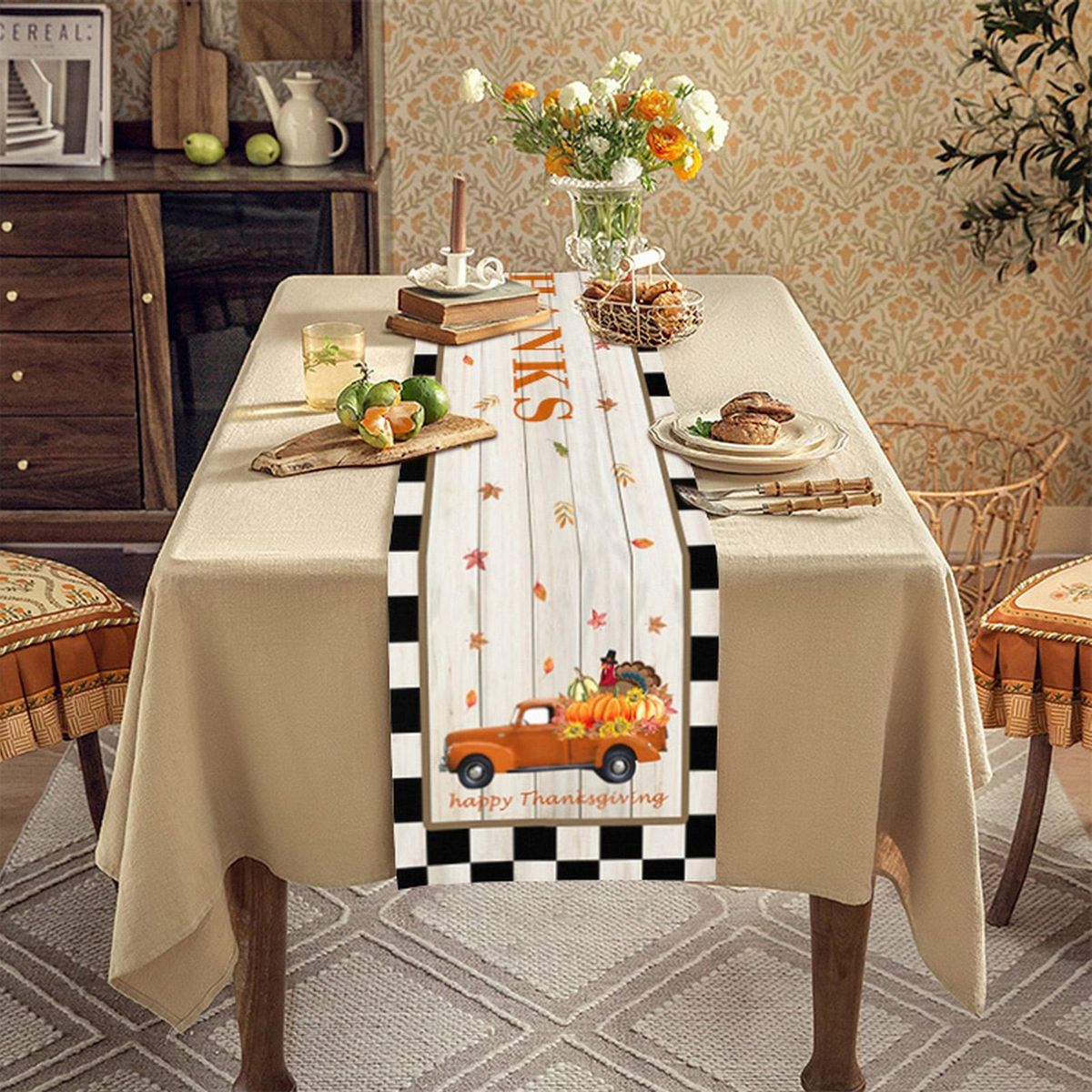 Table Cloth Maple Leaves Pumpkins Halloween Table Runner