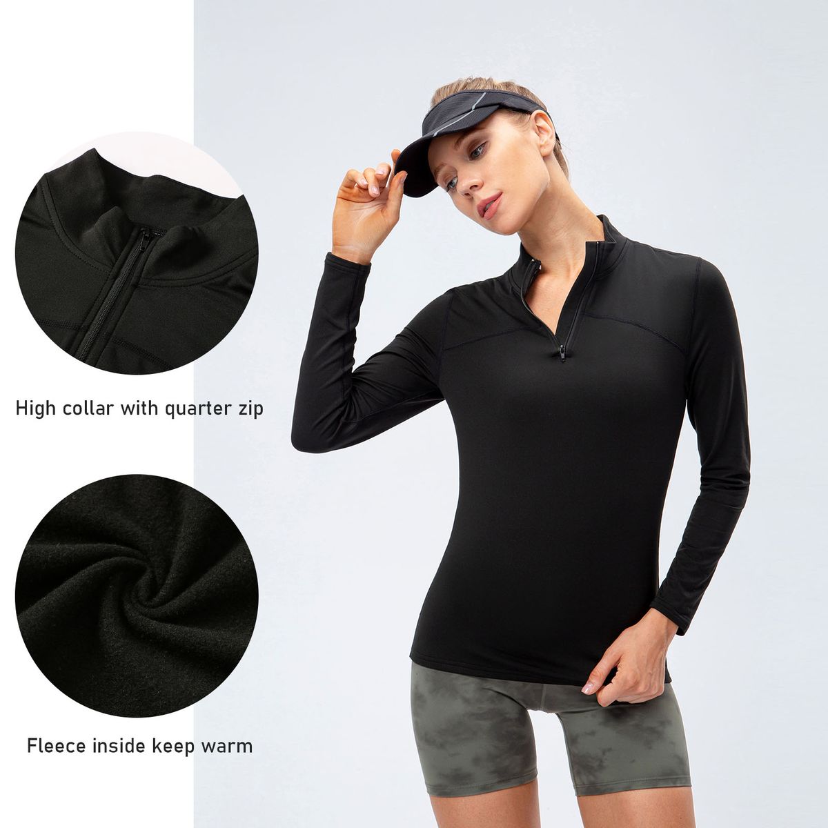 Women Sport Long Sleeve T-shirt Fleece Warm Quarter Zip