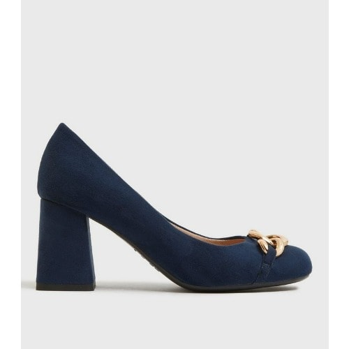 Chain Trim Block Heel - Court Shoes - Navy Blue