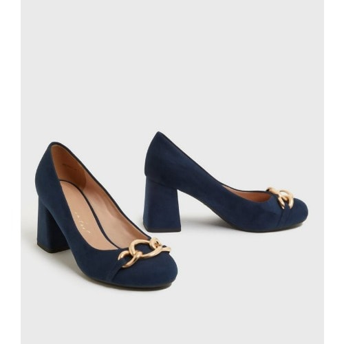 Chain Trim Block Heel - Court Shoes - Navy Blue