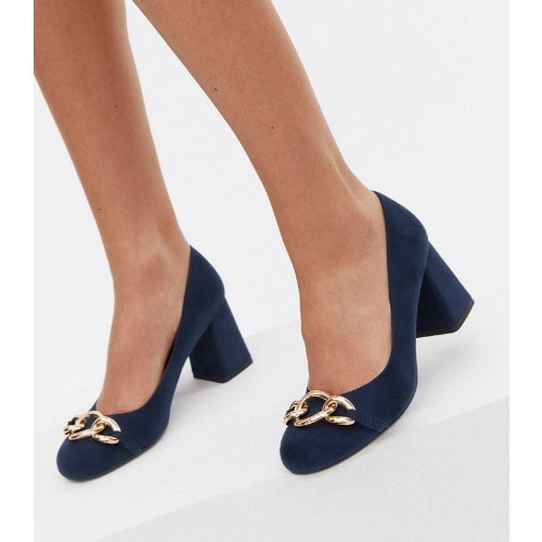 Chain Trim Block Heel - Court Shoes - Navy Blue