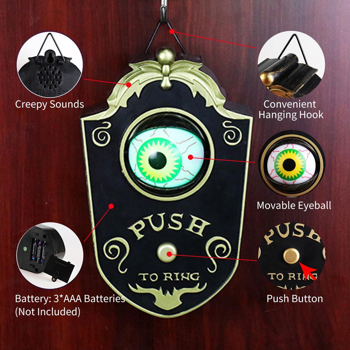 Halloween Doorbell with LED Lightup Eyeball Creepy Sounds Scary Haunted Doorbell Halloween Decoration with Movable Eyeball for Home Party Bar Haunted House Decoration