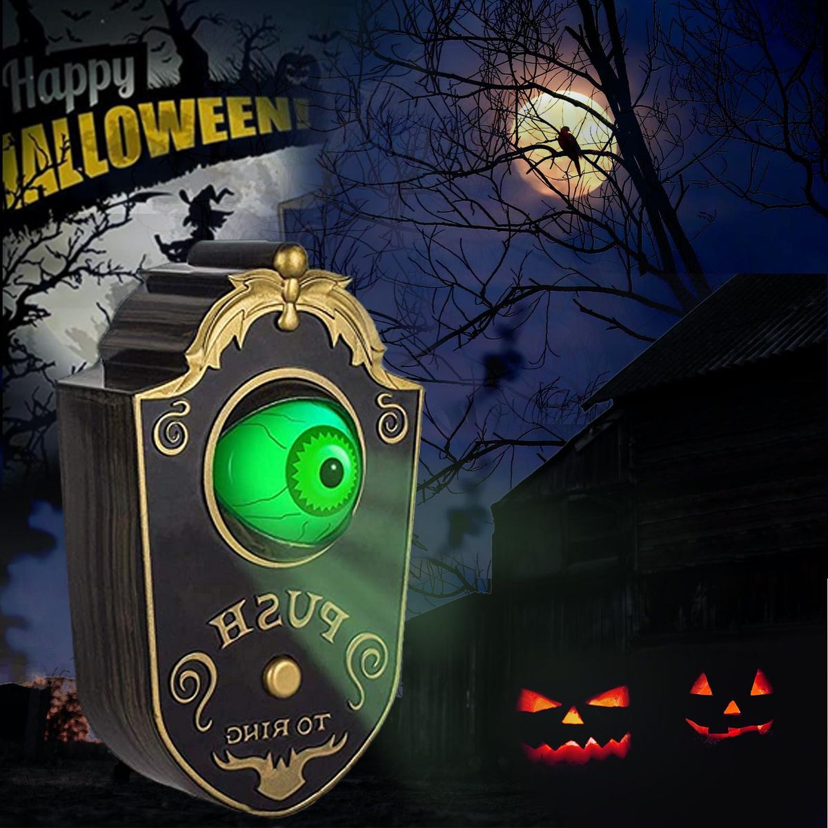 Halloween Doorbell with LED Lightup Eyeball Creepy Sounds Scary Haunted Doorbell Halloween Decoration with Movable Eyeball for Home Party Bar Haunted House Decoration