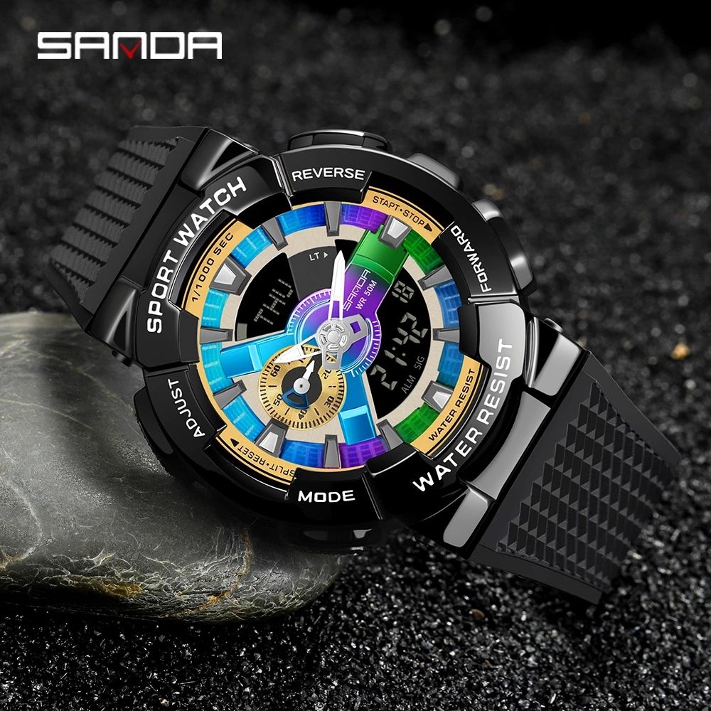 Sanda-Men's Digital Quartz Chronograph Watch Dual Display Fashion