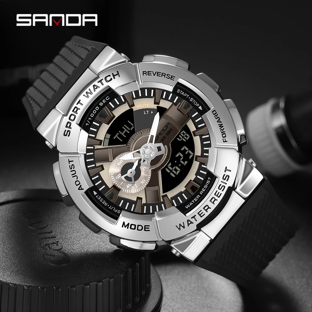 Sanda-Men's Digital Quartz Chronograph Watch Dual Display Fashion