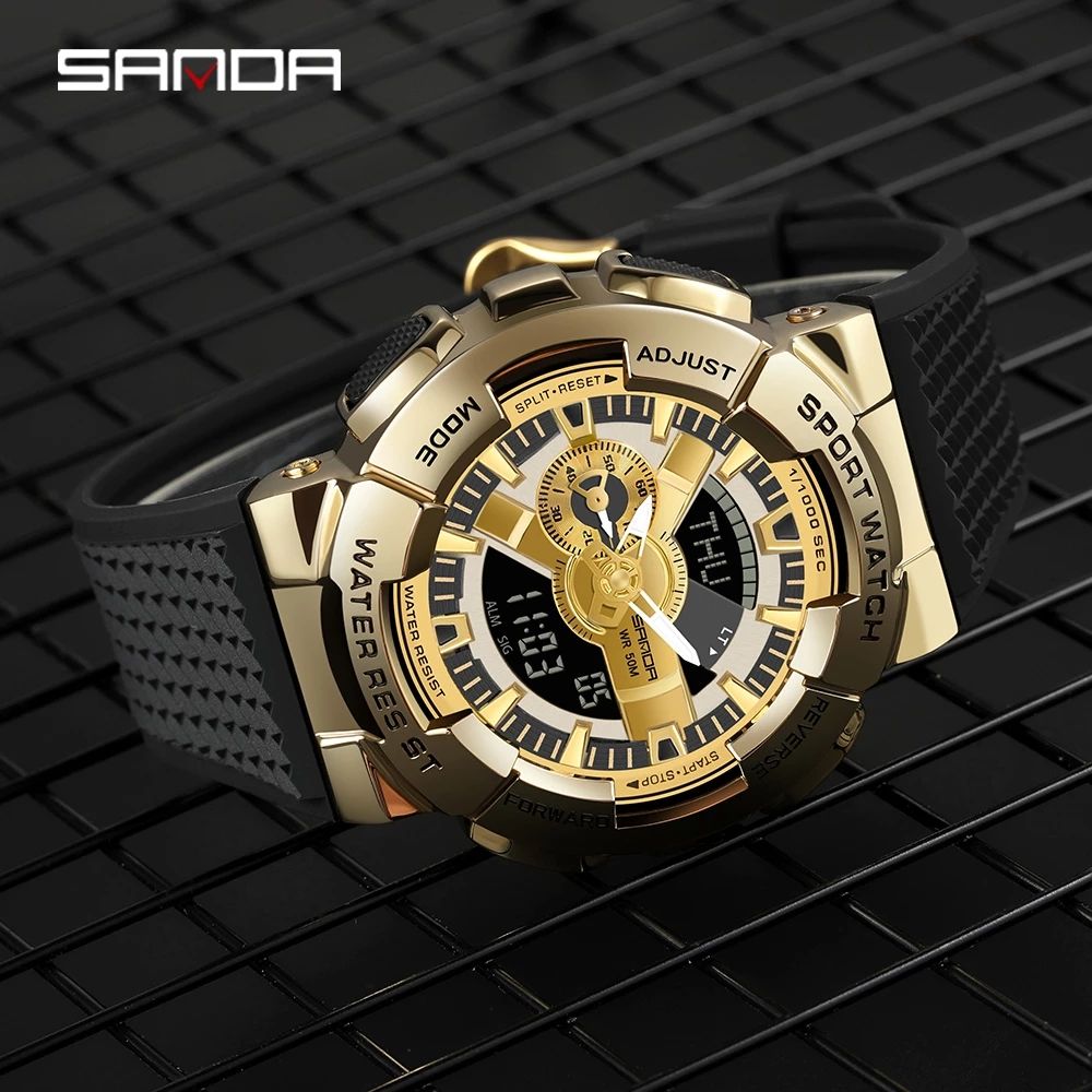 Sanda-Men's Digital Quartz Chronograph Watch Dual Display Fashion