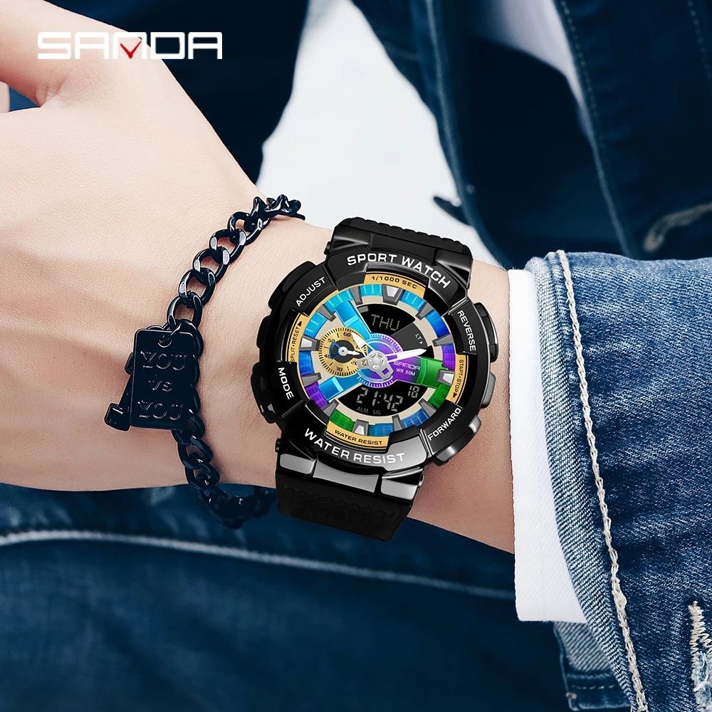 Sanda-Men's Digital Quartz Chronograph Watch Dual Display Fashion