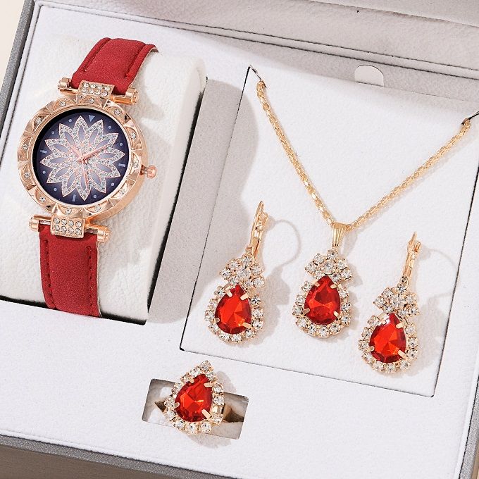 5Pcs Fashion Women Watch Diamond Watch Jewelry Set - Red