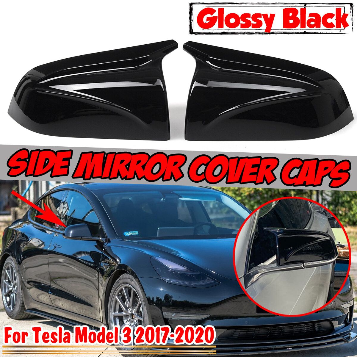 2PCS Gloss Black Side Mirror Cap Cover For Tesla Model 3 2017-2020 Replacement