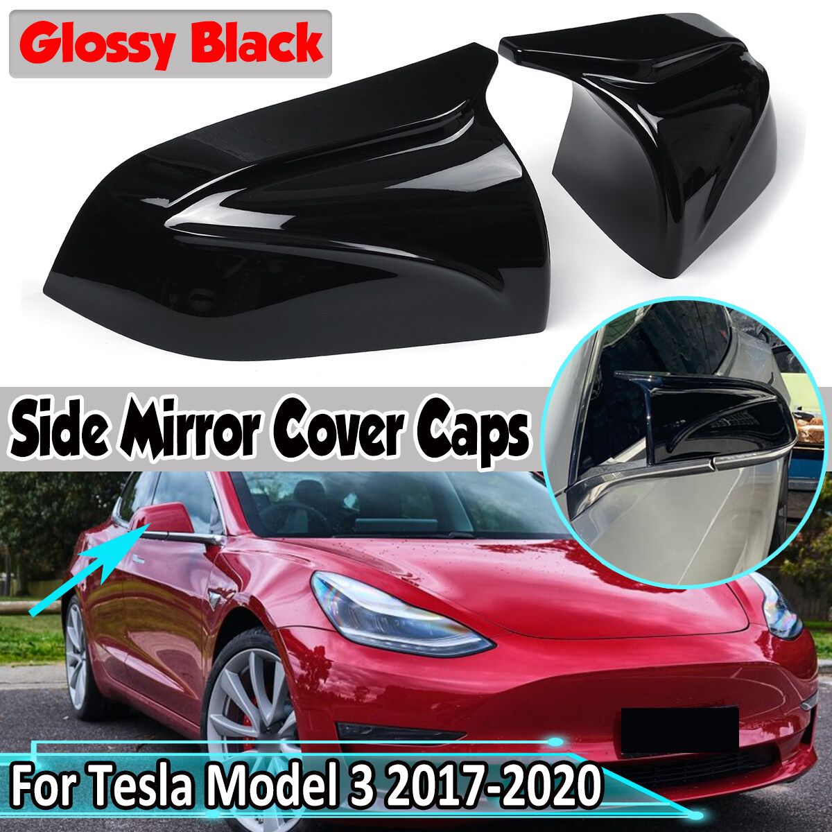 2PCS Gloss Black Side Mirror Cap Cover For Tesla Model 3 2017-2020 Replacement