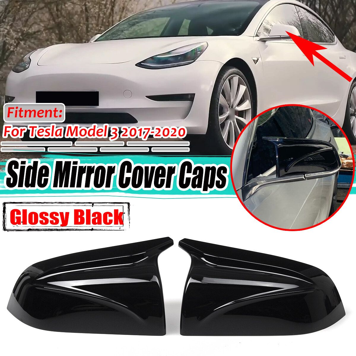 2PCS Gloss Black Side Mirror Cap Cover For Tesla Model 3 2017-2020 Replacement
