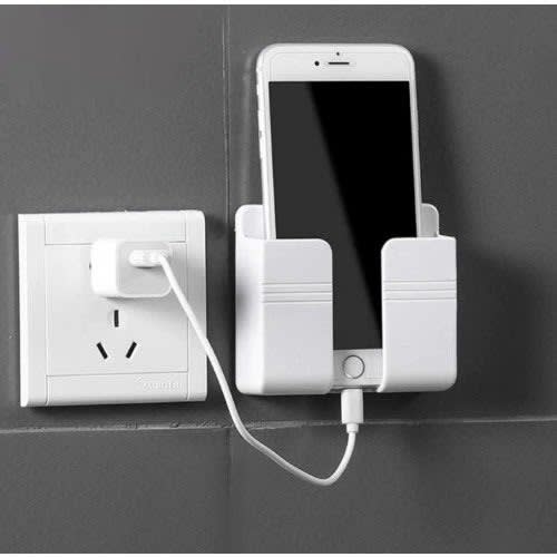Wall Mount Cell Phone Charger Holder And Remote Organizer - White