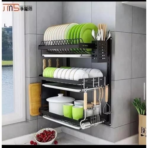 Wall Mounted Dish Rack Holder With Drainer - 3 Tier