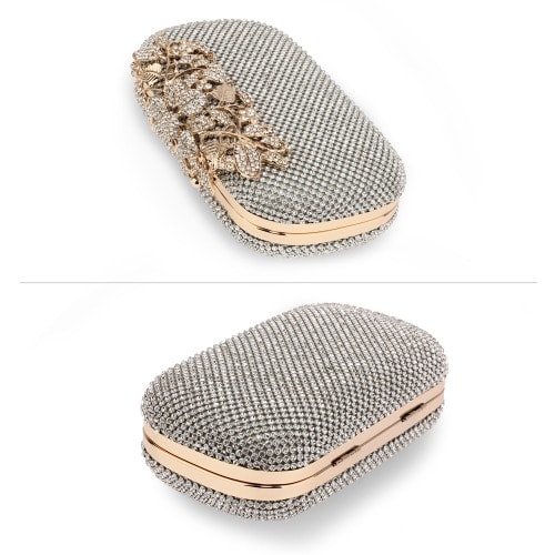 Rhinestone Flower Clutch - Silver