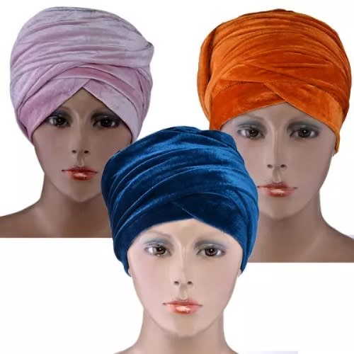 Set Of 3 Velvet Turbans  - Lilac, Blue And  Orange