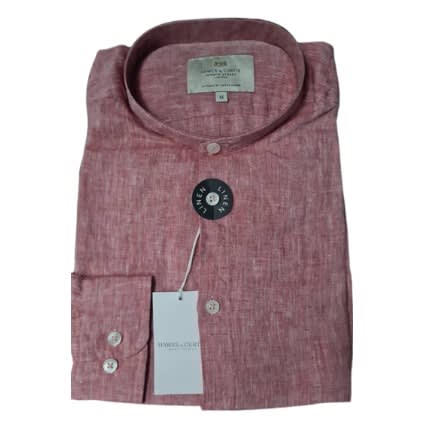 Men’s Washed & Red Collarless Relaxed Slim Fit Linen Shirt