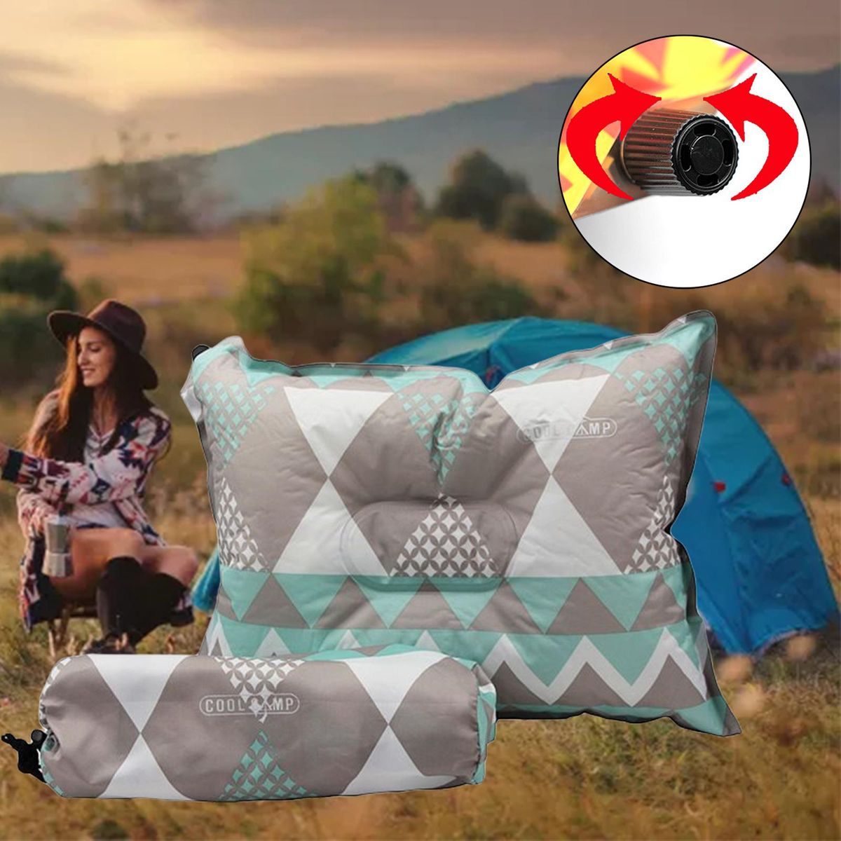 Inflatable Travel Camp Pillow Outdoors Portable Green Grey