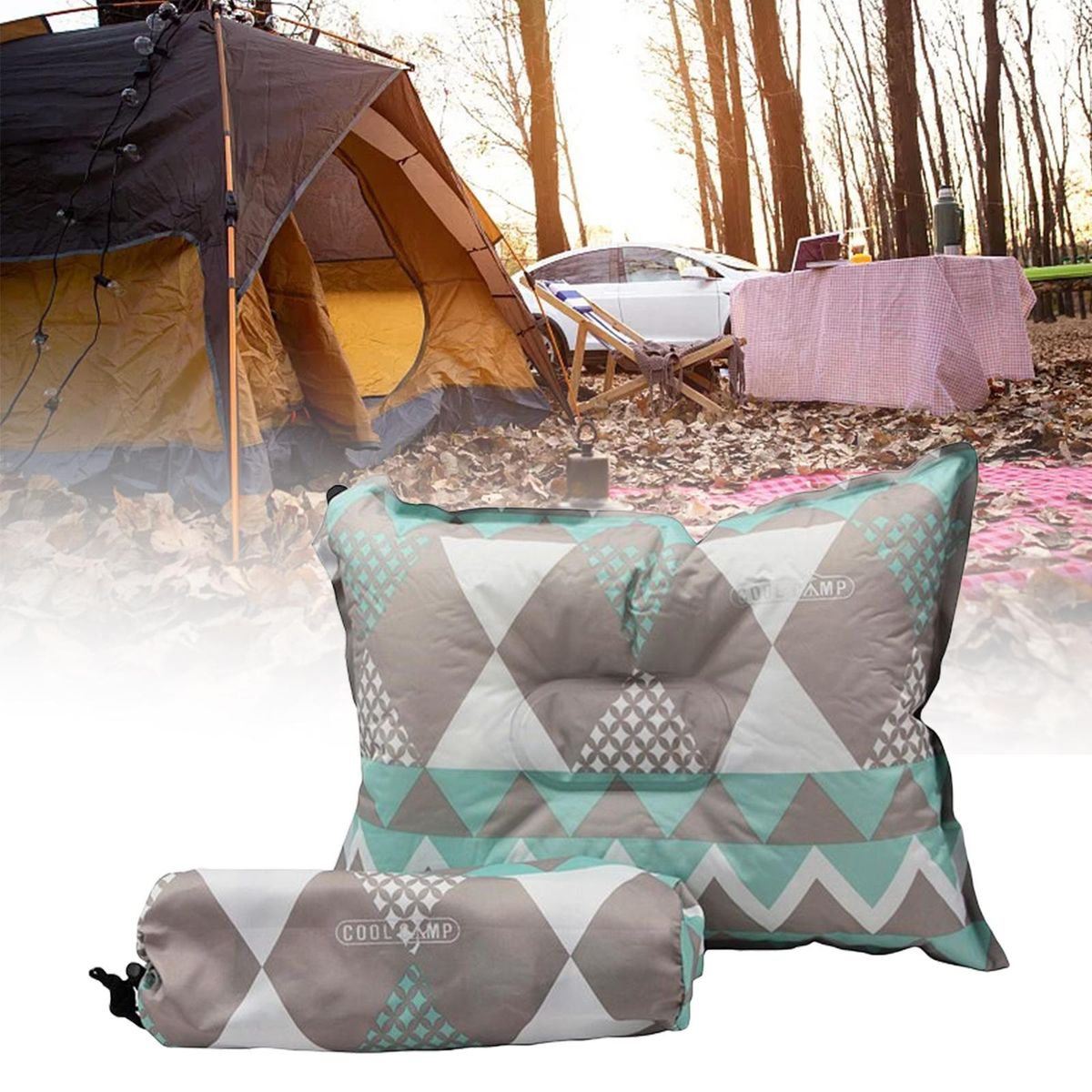 Inflatable Travel Camp Pillow Outdoors Portable Green Grey