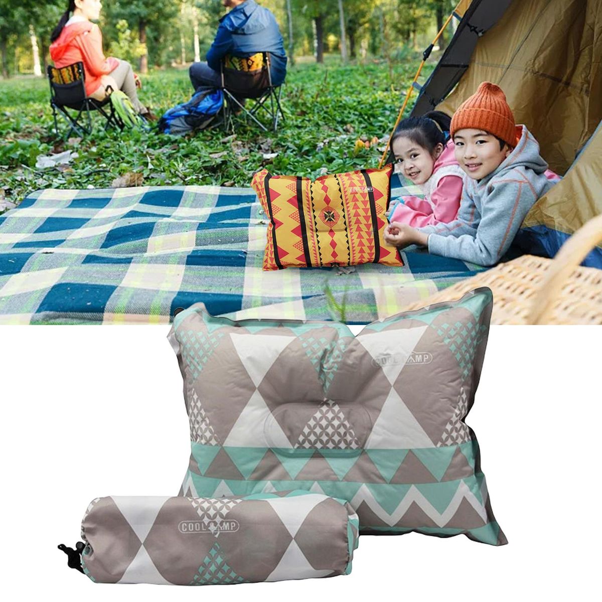 Inflatable Travel Camp Pillow Outdoors Portable Green Grey