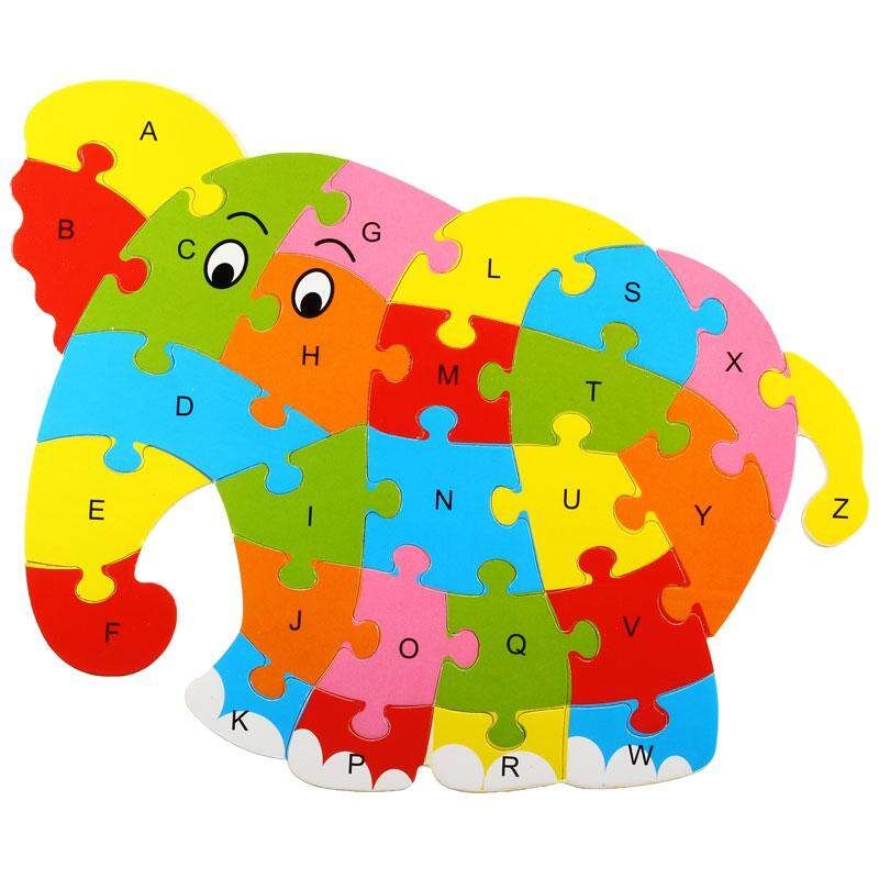 Wooden Animal Puzzle Jigsaw Alphabet Letter Blocks Kid Learing Educational Toy Elephant
