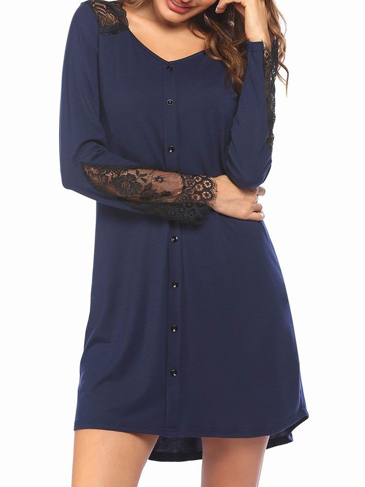 Women Nightdress Lace Splicing Buttons V-Neck Long Sleeve