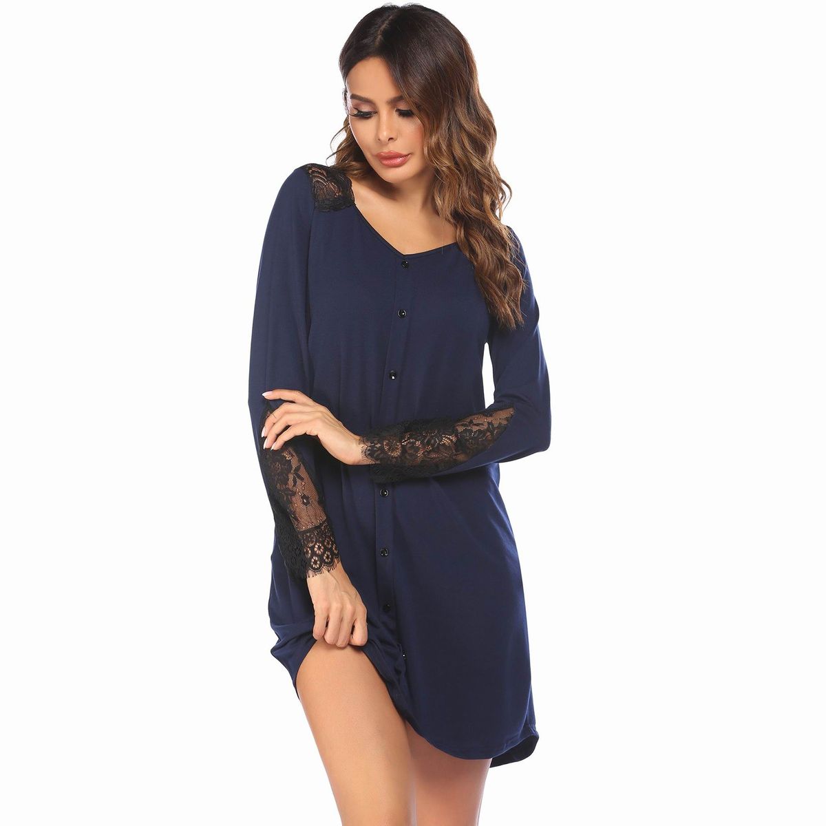 Women Nightdress Lace Splicing Buttons V-Neck Long Sleeve