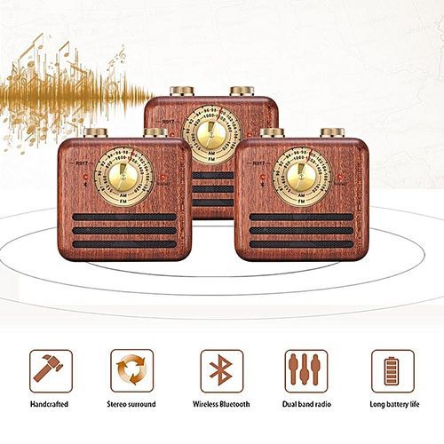 Retro Bluetooth Speaker, Portable Stereo Natural Walnut Wood Mini Wireless Bluetooth Bass Subwoofer, Support FM/AM Radio Loundspeaker HT-S