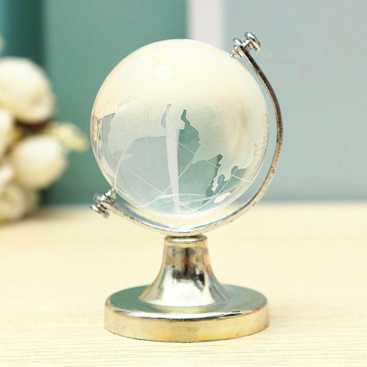 Round Earth Globe World Map Crystal Glass Clear Paperweight Stand Desk Decor
