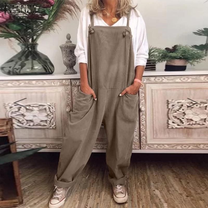 (Coffee)Summer Overalls Wide Leg Pants Female Solid Rompers ZANZEA Women's Dungarees Jumpsuits Vintage Suspender Playsuits Plus Size SAB