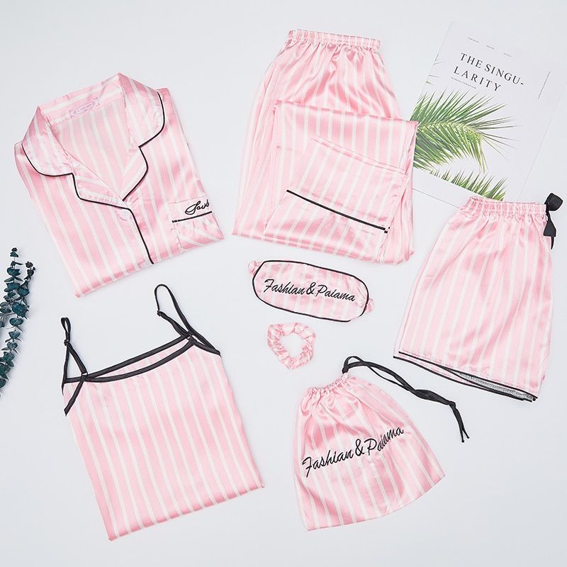 Autumn Spring 7 Pieces Set Silk Elegant Women Pajamas