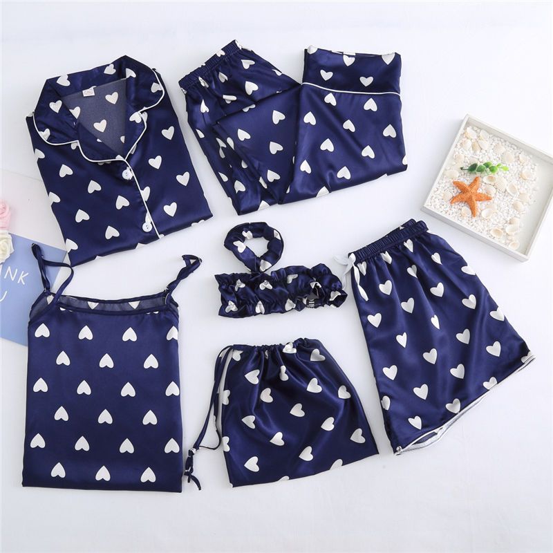 Autumn Spring 7 Pieces Set Silk Elegant Women Pajamas