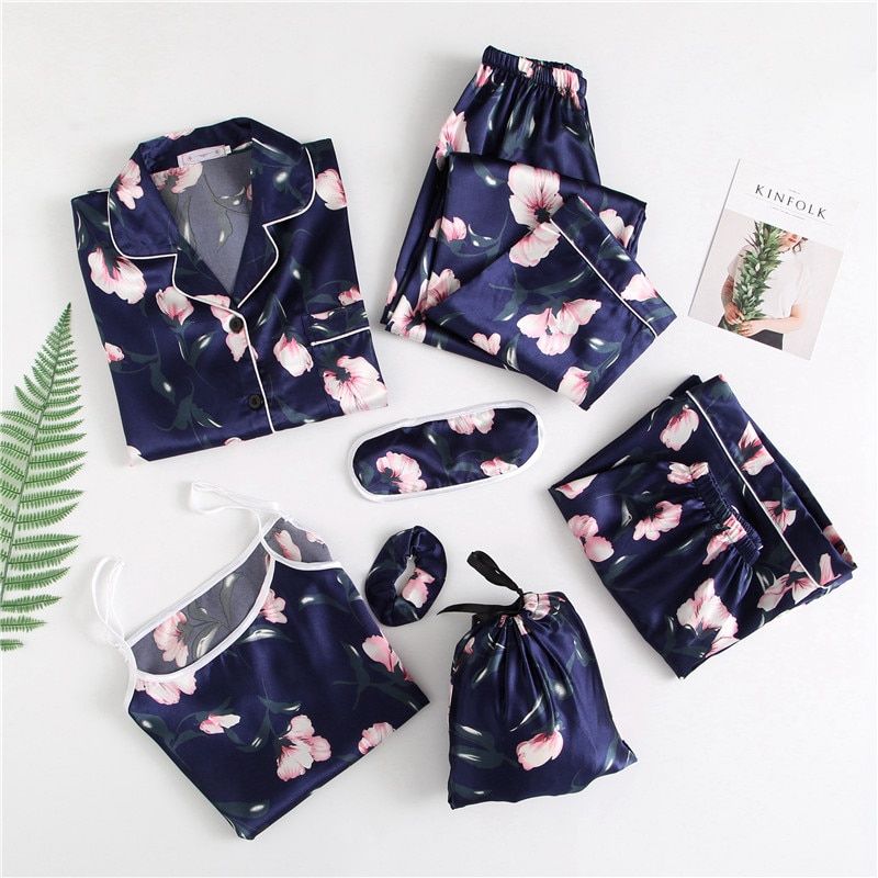Autumn Spring 7 Pieces Set Silk Elegant Women Pajamas
