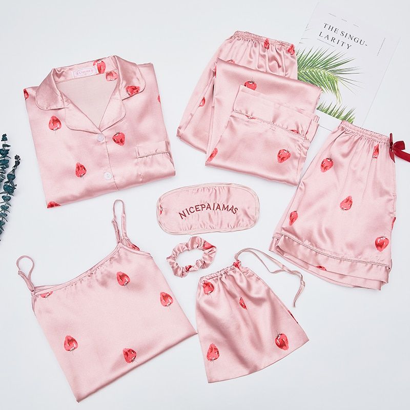 Autumn Spring 7 Pieces Set Silk Elegant Women Pajamas