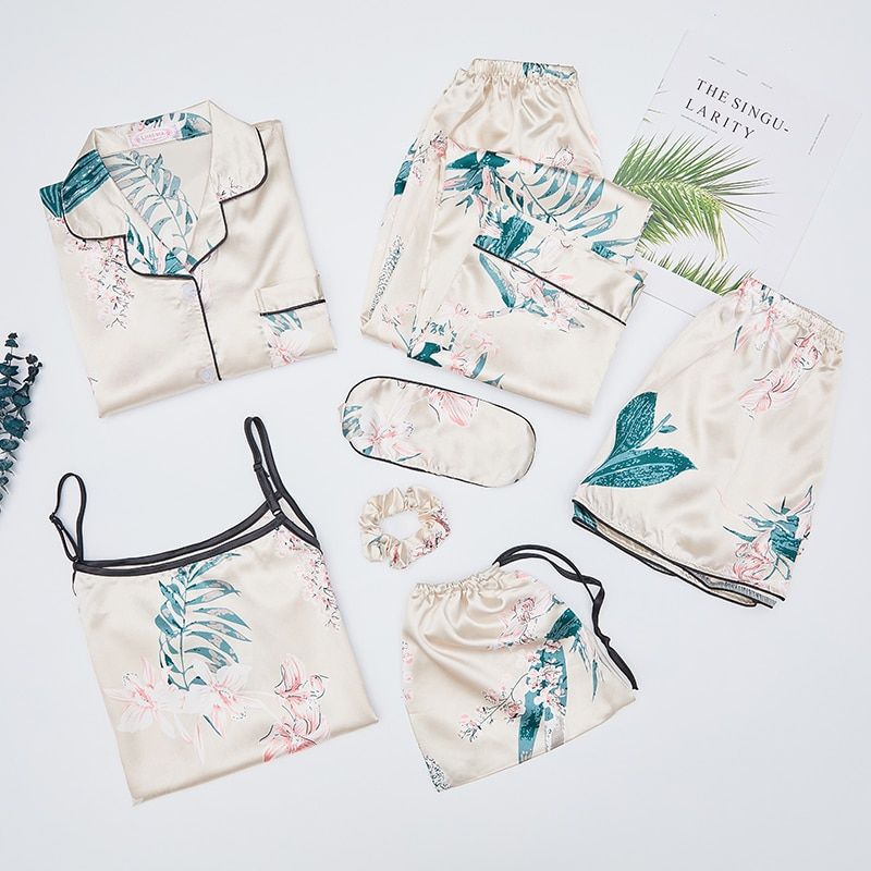 Autumn Spring 7 Pieces Set Silk Elegant Women Pajamas