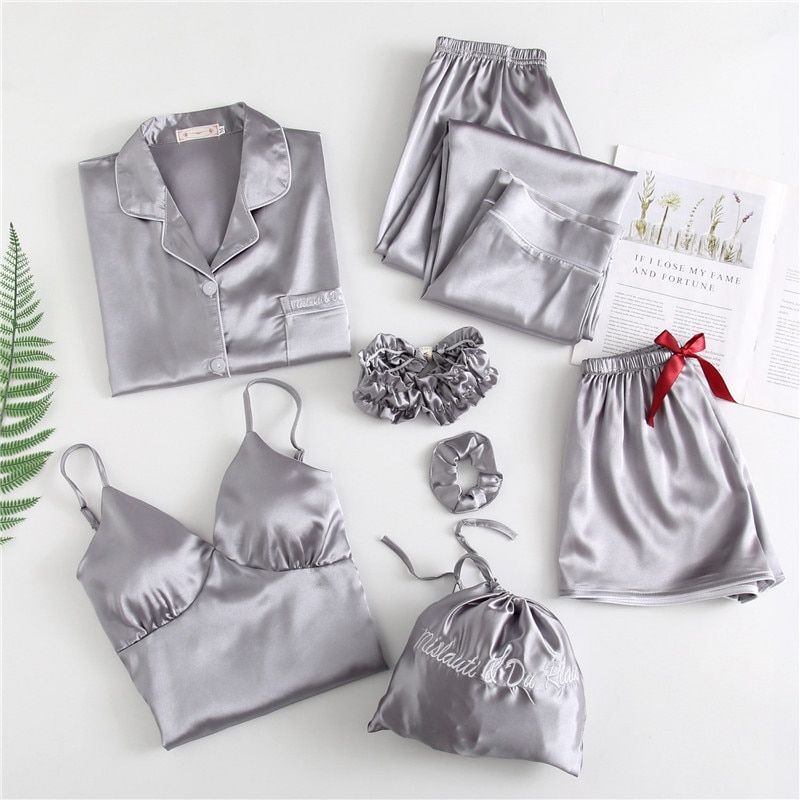Autumn Spring 7 Pieces Set Silk Elegant Women Pajamas