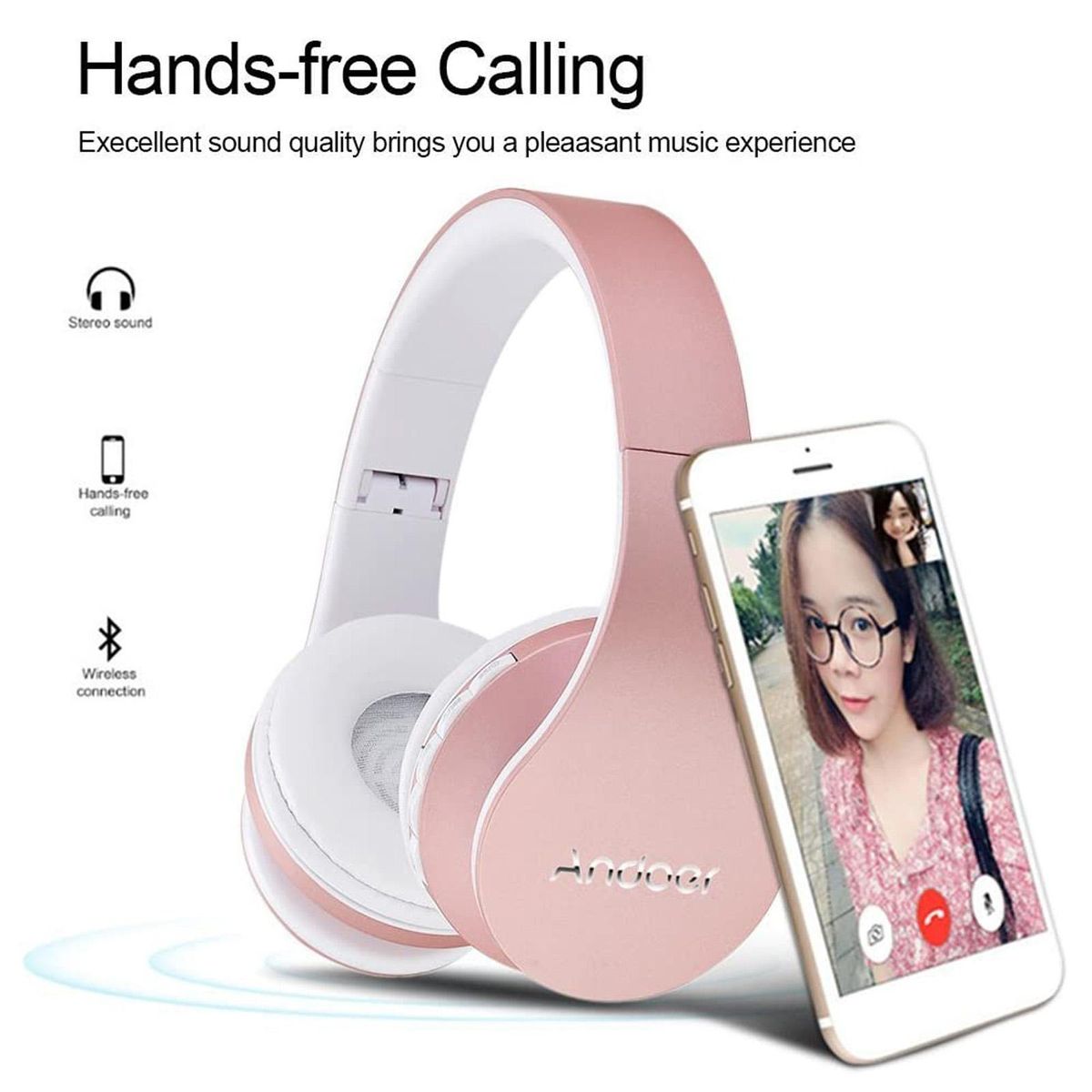 Andoer Over Ear Wireless BT Headset with Microphone 3.5mm Wired Music Headphones Foldable Headband TF Card Slot FM Radio for Mobile Phone PC Laptop(Rose Gold)
