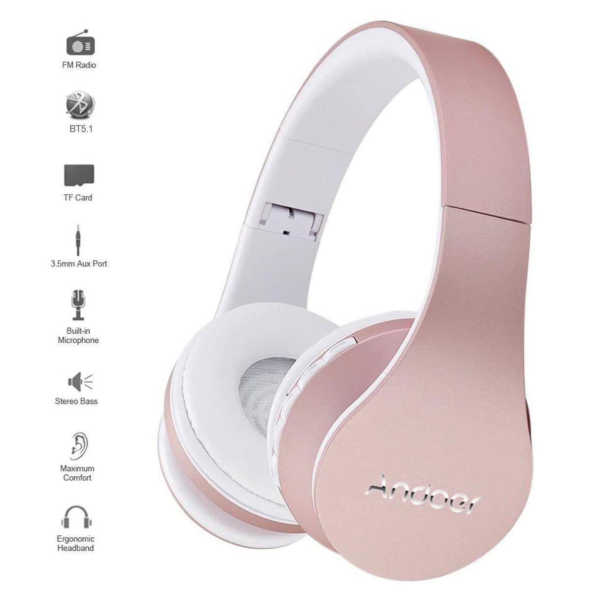 Andoer Over Ear Wireless BT Headset with Microphone 3.5mm Wired Music Headphones Foldable Headband TF Card Slot FM Radio for Mobile Phone PC Laptop(Rose Gold)
