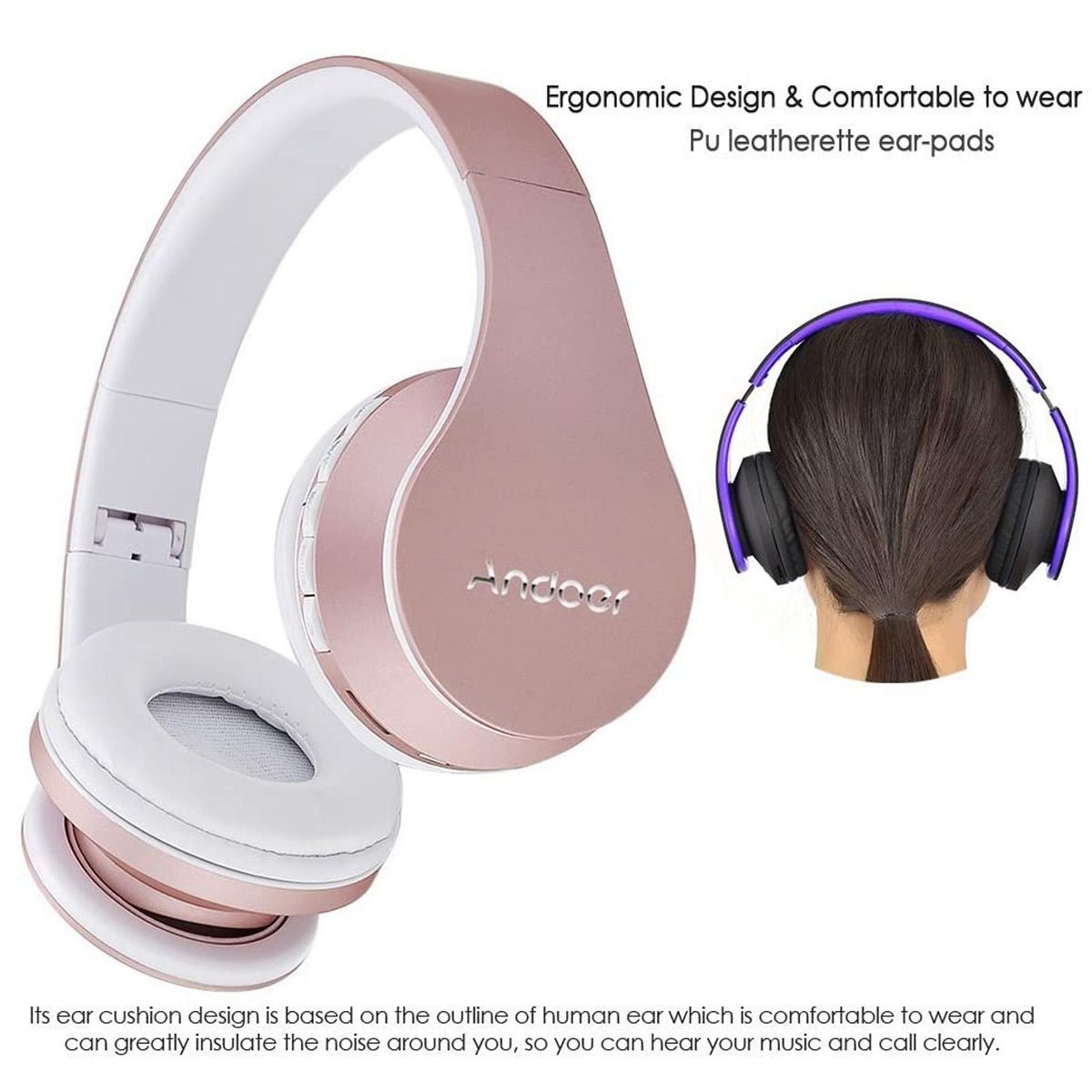 Andoer Over Ear Wireless BT Headset with Microphone 3.5mm Wired Music Headphones Foldable Headband TF Card Slot FM Radio for Mobile Phone PC Laptop(Rose Gold)
