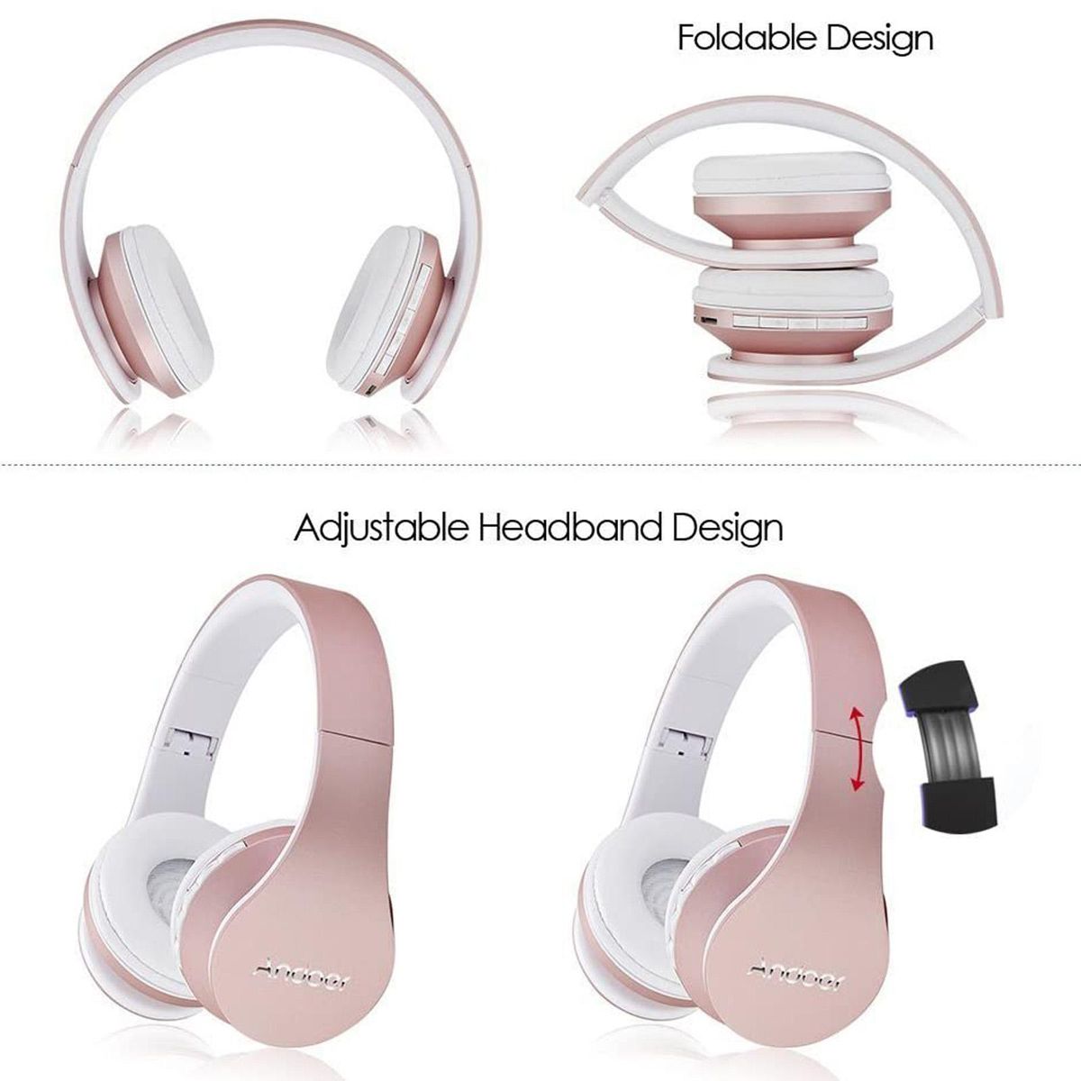 Andoer Over Ear Wireless BT Headset with Microphone 3.5mm Wired Music Headphones Foldable Headband TF Card Slot FM Radio for Mobile Phone PC Laptop(Rose Gold)