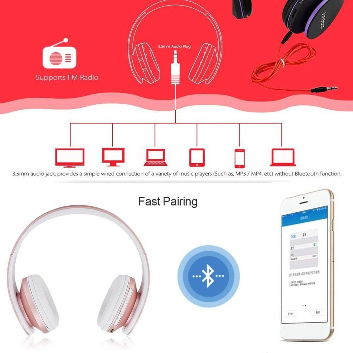 Andoer Over Ear Wireless BT Headset with Microphone 3.5mm Wired Music Headphones Foldable Headband TF Card Slot FM Radio for Mobile Phone PC Laptop(Rose Gold)