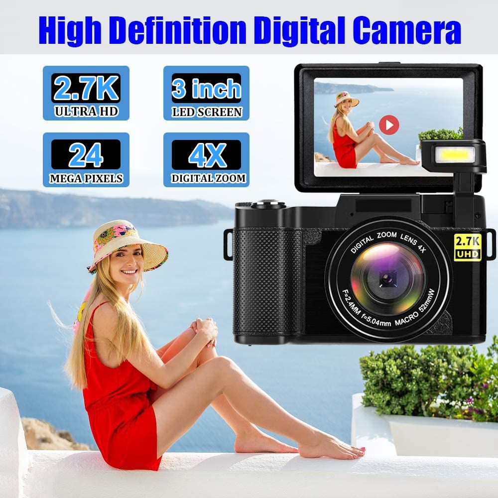 Full HD 2.7K Digital Camera With Retractable Flash 3inch 24MP Photographic Camera 4x Zoom Professional EIS Video Cam For Youtube D1