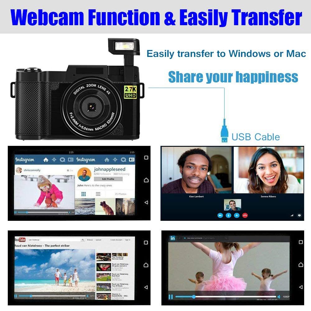 Full HD 2.7K Digital Camera With Retractable Flash 3inch 24MP Photographic Camera 4x Zoom Professional EIS Video Cam For Youtube D1