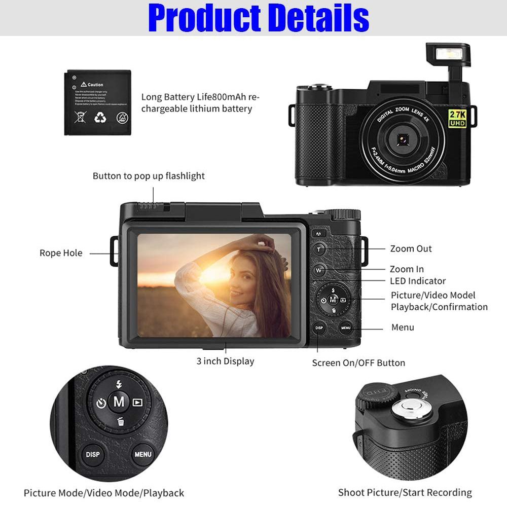 Full HD 2.7K Digital Camera With Retractable Flash 3inch 24MP Photographic Camera 4x Zoom Professional EIS Video Cam For Youtube D1