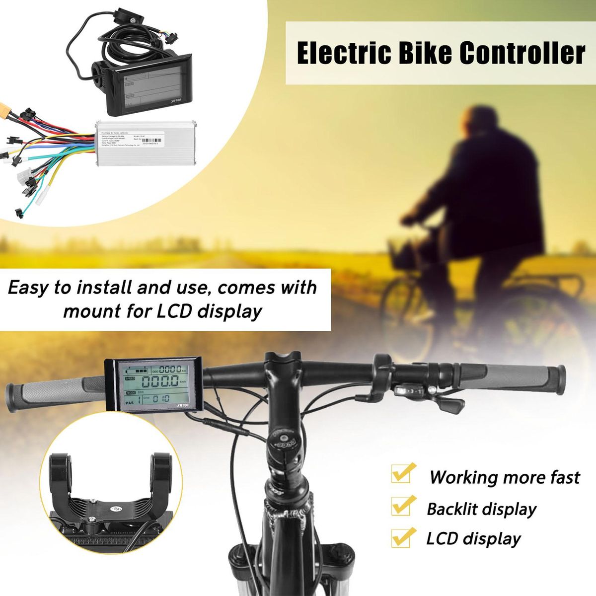 Motor Brushless Controller with Waterproof LCD Display Control Panel 24V-48V 500W Brushless Controller Kit for Electric Bicycle Scooter