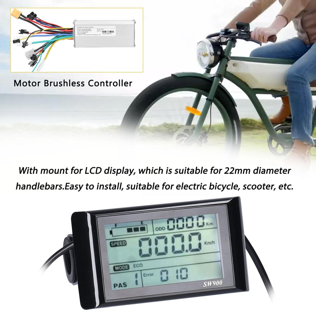 Motor Brushless Controller with Waterproof LCD Display Control Panel 24V-48V 500W Brushless Controller Kit for Electric Bicycle Scooter