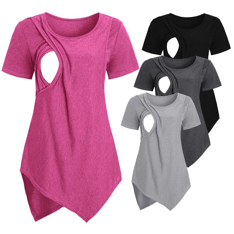 Casual Solid Nursing WomenShort Sleeve Maternity Tops Breastfeeding Tops Ladies