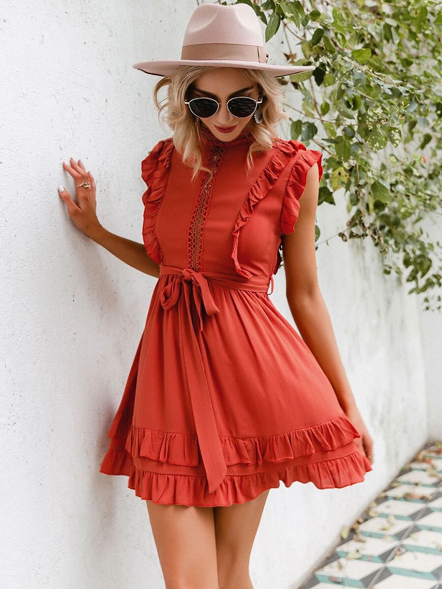 Women Solid Flounce Hem Wrap Short Dinner Party Dress - Burnt Orange