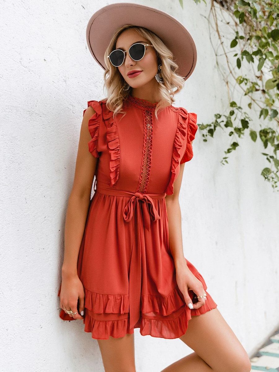 Women Solid Flounce Hem Wrap Short Dinner Party Dress - Burnt Orange