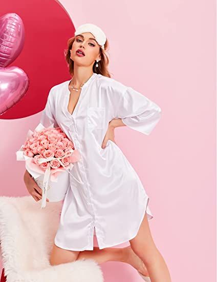 Women's Satin Button Down Casual Gown 3/4 Sleeve Shirt V Neck Boyfriend Collar Silk Wear Off-White