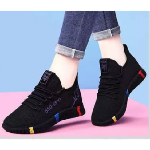 Ladies Lightweight Flower  Sneakers-  Black